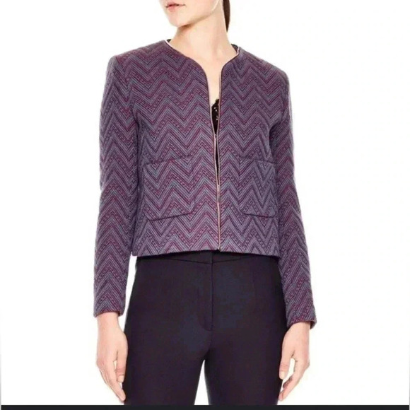 Sandro Paris Blue with Red Zig Zag Design Bolero Style Coat Jacket Blazer Size 8 - Picture 1 of 15